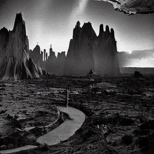 Image similar to old photograph from a strange alien city, hollow earth, black and white