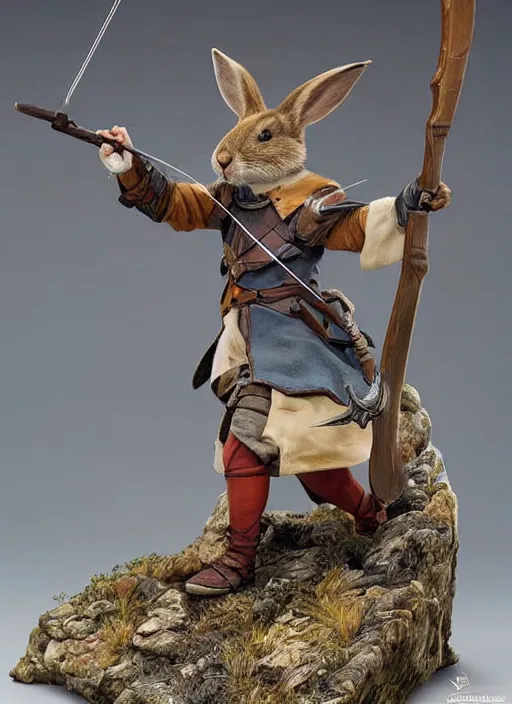 Image similar to a porcelain figurine of a heroic rabbit crossbowman, redwall, greg rutowski and jean baptiste monge, very detailed, epic fantasy concept art