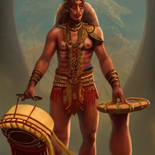 Prompt: Male Human-Naga hybrid bard holding a drum, ornately dressed, standing in populated Baldur\'s Gate city square, hyperdetailed, artstation, cgsociety, 8k