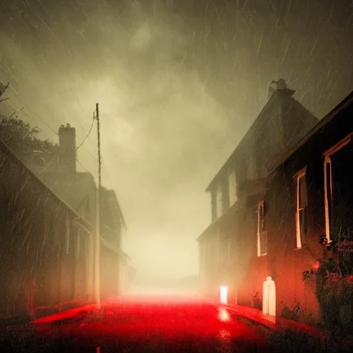 Image similar to a spooky monster house with glowing red eyes on a dimly lit street during a thunderstorm, cinematic, award winning horror photography