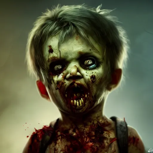 Image similar to angry zombie toddler without eyes portrait, empty bloody - black eyesockets, horror core, apocalyptic, feeling of grimdark, sharp focus, fiction, hyper detailed, digital art, trending in artstation, cinematic lighting, studio quality, smooth render, unreal engine 5 rendered, octane rendered, art style and nixeu and wlop and krenz cushart