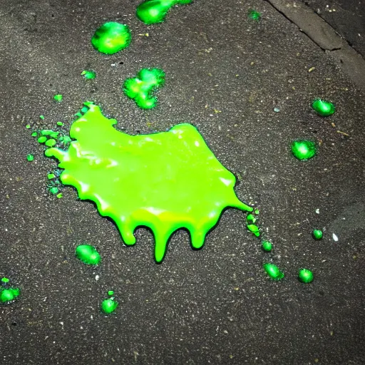Prompt: a small sticky puddle of green luminous goop on the pavement in a back alley, in the style of a pixar movie