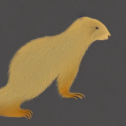 Image similar to a beaver in profile, big tail, fluffy fur drawn concept art