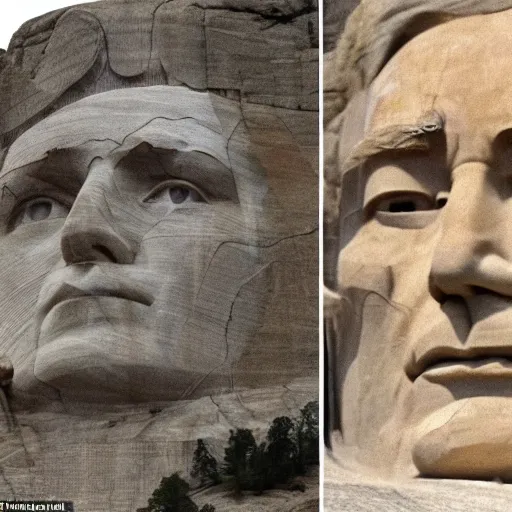 Image similar to donald trump's face carved into the rock on mount rushmore. the photo clearly depicts donald trump's facial features next to other former presidents, at a slightly elevated level, depicting his particular hair style carved into the stone at the mountain top, centered, balances, regal, pensive, powerful, just