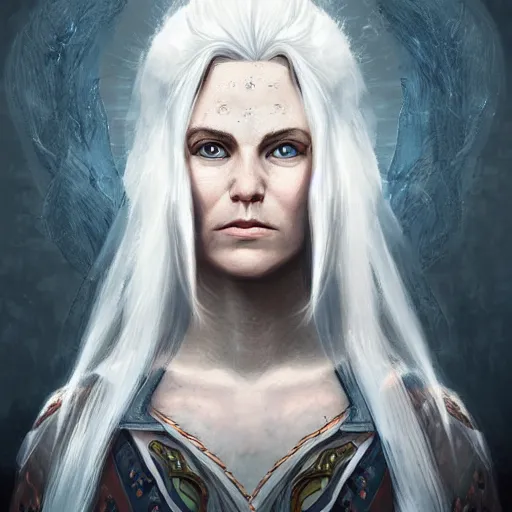 Prompt: Magnificent portrait of a Nordic God mother with white hair, fantasy, medieval, highly detailed, Artstation