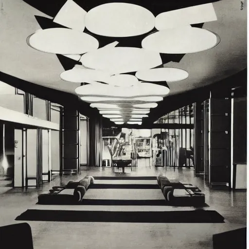 Prompt: Bauhaus hotel lobby interior, sinister lighting, digital glitches in the background, 1976 magazine cover