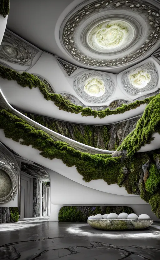 Image similar to highly detailed ultra sharp 3 d render villa interior cinematic composition of a smooth ceramic porcelain biomorphic magnolia stone nebula fluid fractal sci - fi surreal architecture landscape, granite, metallic, magnesium, marble, moss and lichen, vincent callebaut composition, mamou - mani, archviz, beautiful lighting, 8 k, unreal engine, hdr,