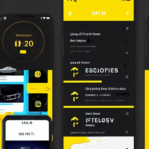 Image similar to a full ux layout of a connected car dashboard and marketplace mobile app for ios with a black and yellow theme.