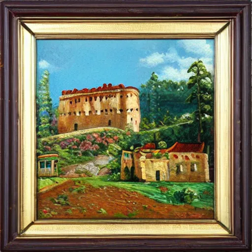 Prompt: castle made of beef chebureki oil painting