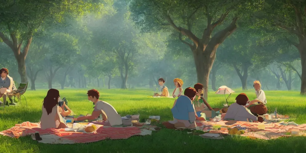 Prompt: a film still of a picknick in the park, medium shot, waist up, wes anderson, studio ghibli, pixar and disney animation, sharp, rendered in unreal engine 5, anime key art by greg rutkowski, bloom, dramatic lighting