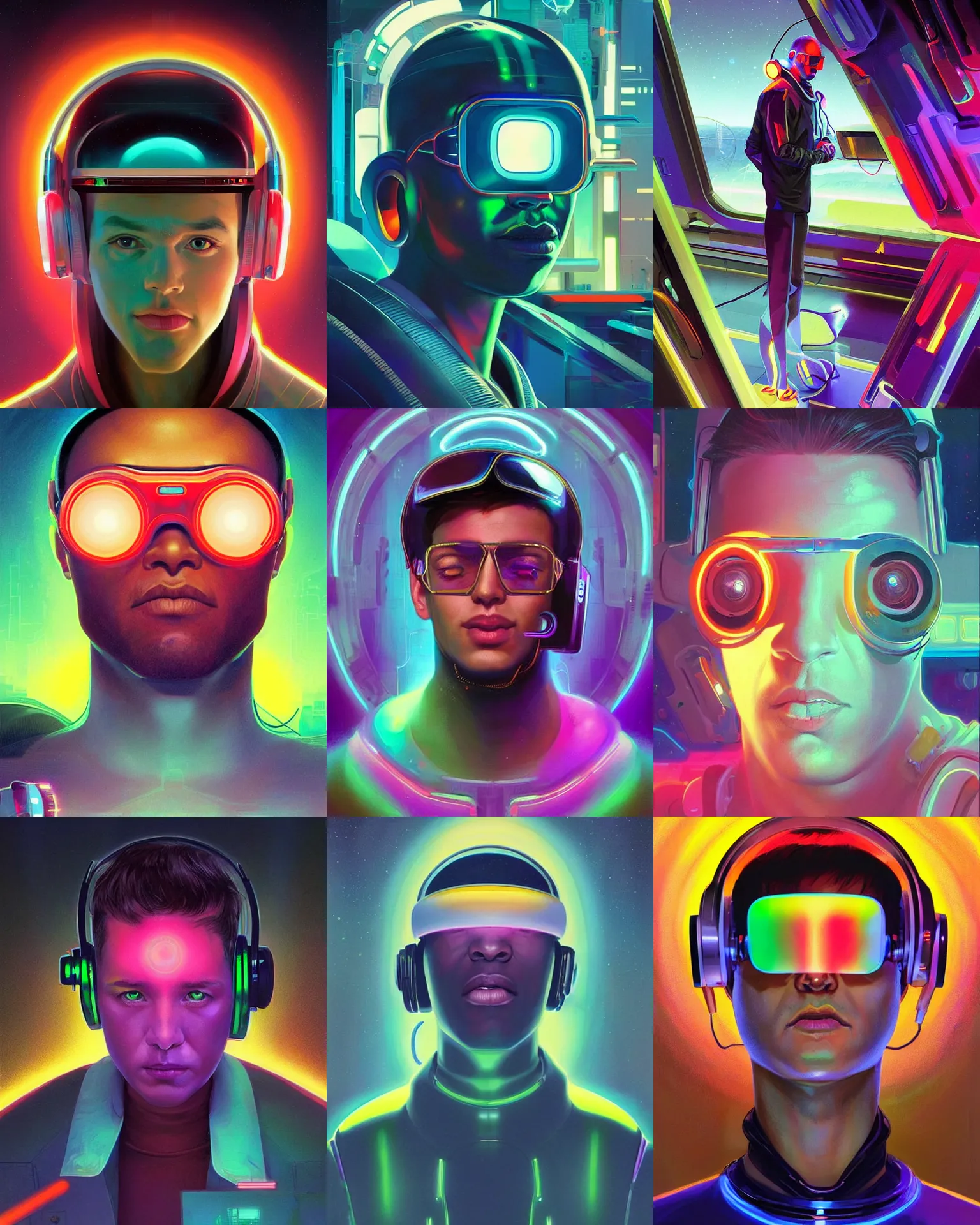 Image similar to future coder man looking on, sleek cyclops display over eyes and sleek bright headphoneset, neon accent lights, holographic colors, desaturated headshot portrait digital painting by dean cornwall, rhads, john berkey, tom whalen, alex grey, alphonse mucha, donoto giancola, astronaut cyberpunk electric