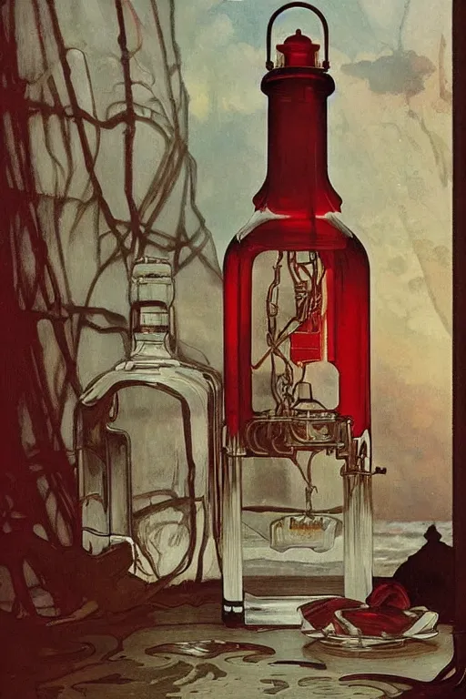 Prompt: a red and white lighthouse inside a clear bottle, very fancy whiskey bottle, intricate concept painting by john collier and albert aublet and krenz cushart and artem demura and alphonse mucha