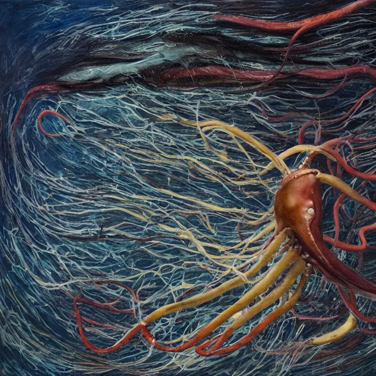 Image similar to Hyperrealistic intensely colored Studio wet collodion Photograph portrait of a deep sea Giant Squid battling Physeter Macrocephalus Whale deep underwater in darkness long exposure, award-winning nature deep sea expressionistic impasto heavy brushstrokes oil painting by Cy Twombly and Tim Hawkinson and Audubon vivid colors hyperrealism 8k