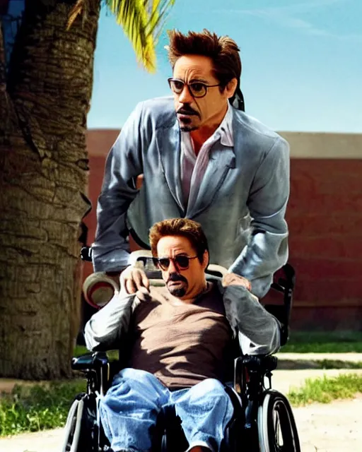 Image similar to robert downey jr. starring in weekend at bernie's. movie poster. comedic. cinematic lighting. robert downey jr. in a wheelchair.