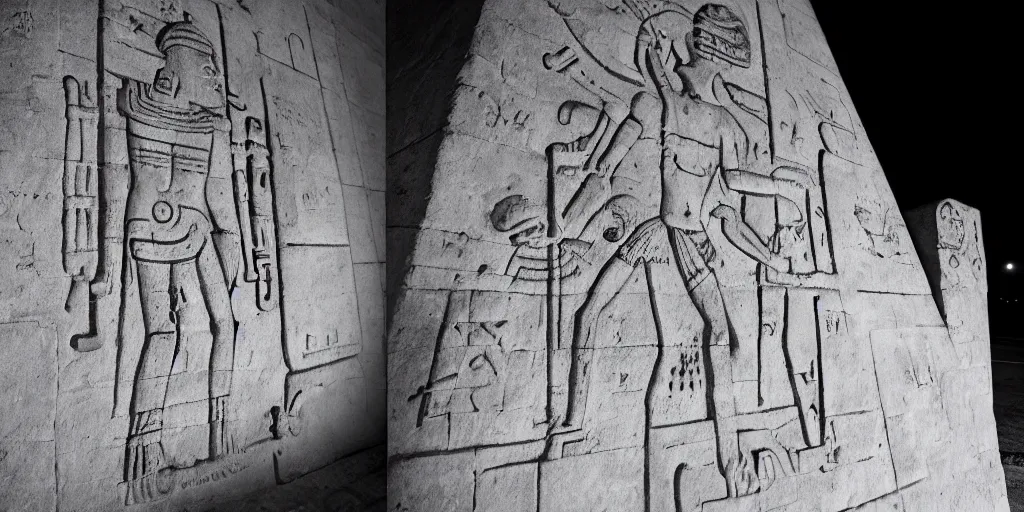 Image similar to pascal votan the space navigator as etched in stone, Mayan hieroglyph by Liam Wong and Boris Vallejo