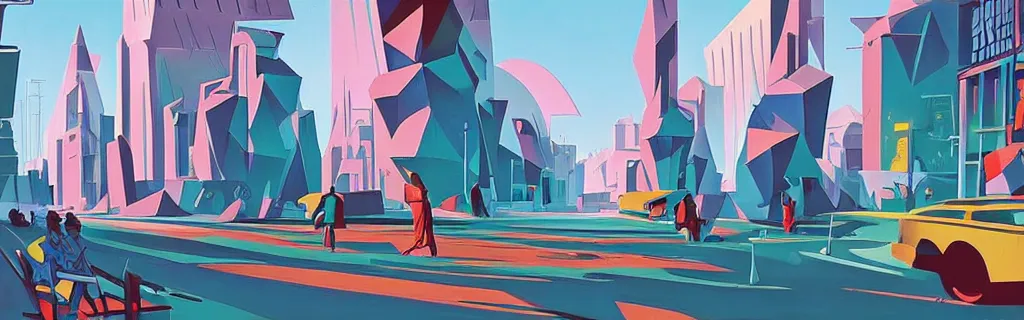 Image similar to sci - fi city street with faceted angular buildings, modernism, gouache, animated film, stylised, illustration, by eyvind earle, scott wills, genndy tartakovski, syd mead