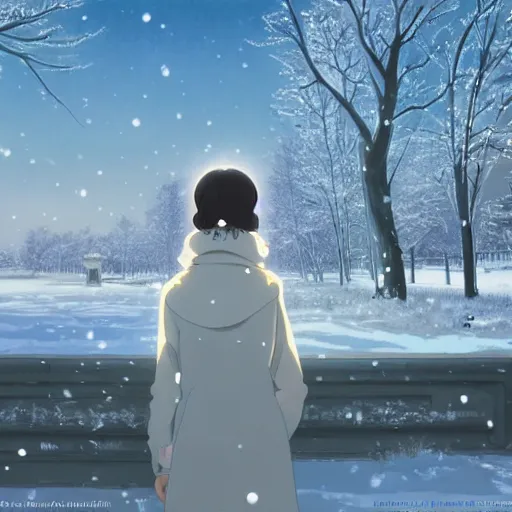 Image similar to anime woman in the winter in an abandoned soviet town, beautiful face, by Makoto Shinkai