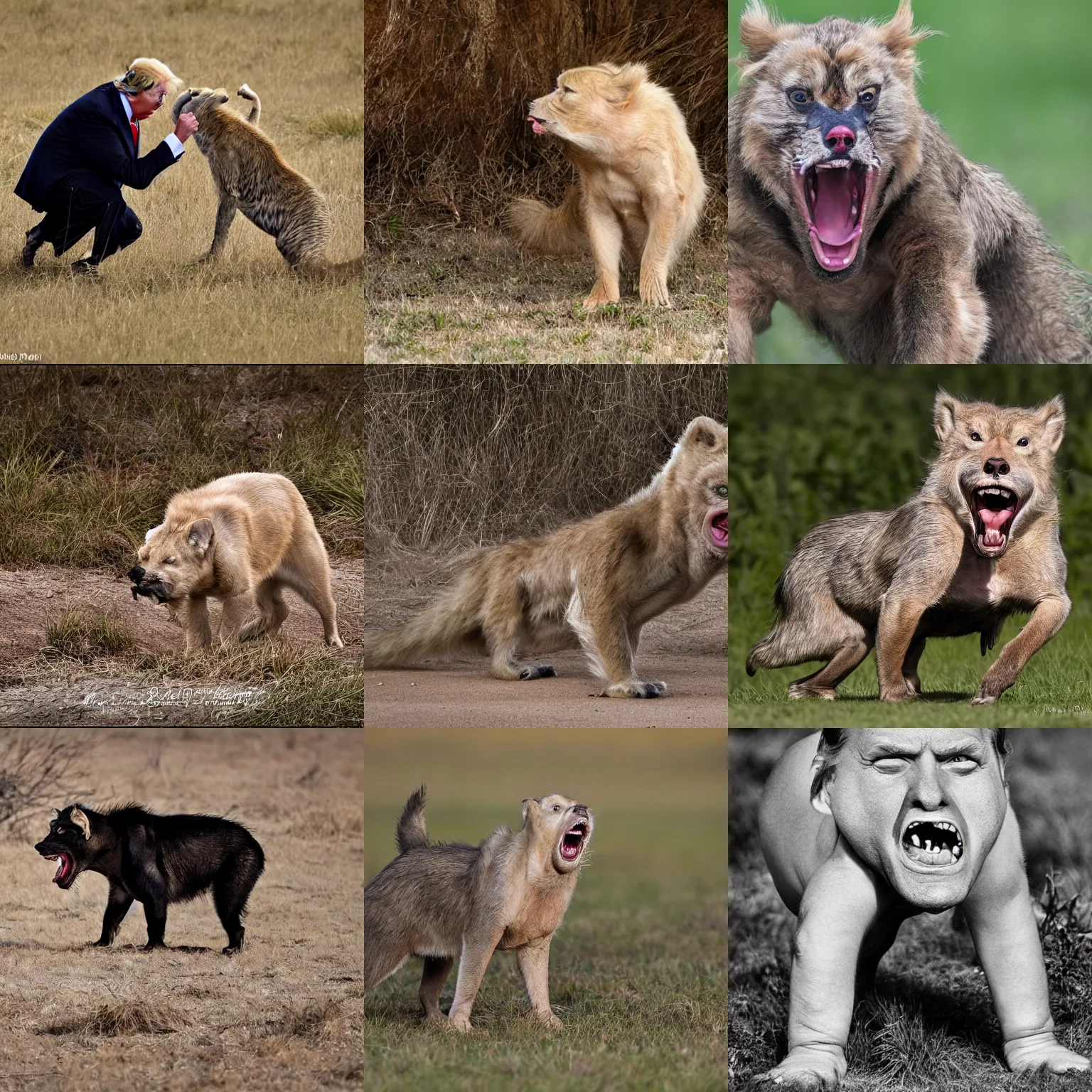 Prompt: a small version of donald trump growling on all fours, bareskin, feral. Wildlife photography