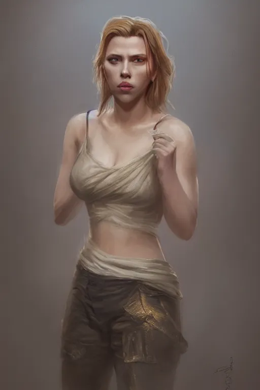 Prompt: a fancy portrait of a Scarlett Johansson full body by Greg Rutkowski, Sung Choi, Mitchell Mohrhauser, Maciej Kuciara, Johnson Ting, Maxim Verehin, Peter Konig, final fantasy , mythical, 8k photorealistic, cinematic lighting, HD, high details, atmospheric,