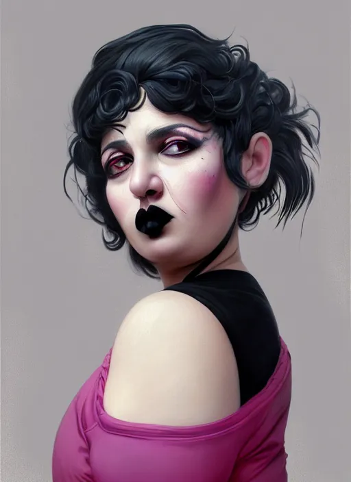 Prompt: portrait of a plump isreali woman with a crooked nose and a confident expression, 1 9 6 0 s, black clothes, goth, punk, brightly coloured hair, funk, intricate, elegant, highly detailed, digital painting, artstation, concept art, smooth, sharp focus, illustration, art by wlop, mars ravelo and greg rutkowski