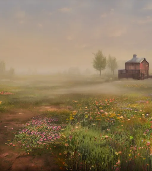 Image similar to a matte painting of a biroremediation architecture, prairie, cottage town, foggy, patchy flowers, oil painting, pale colors, high detail, 8 k, wide angle, trending on artstation,