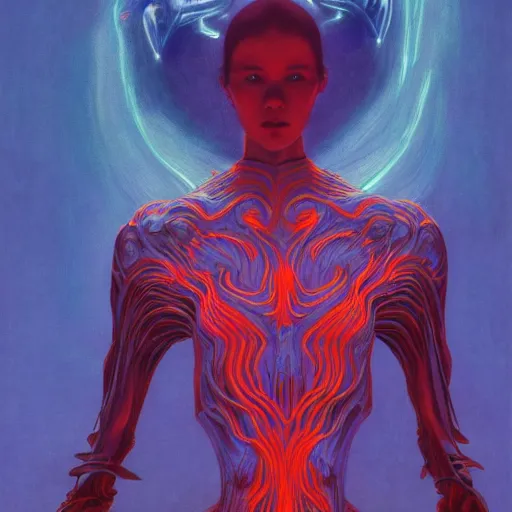 Image similar to Portrait Masterpiece, Wanda Maximoff, dynamic pose, glowing, wires everywhere, by Edgar Maxence and Ross Tran, Zdzisław Beksiński, and Michael Whelan, distant, gustav dore, H.R. Giger, 8k, octane render