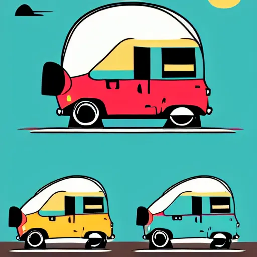 Image similar to stylized line art graphic of a white and black cute thor chateau! motorhome camper!!, mountains, colorful sunset!!, line art by tom whalen