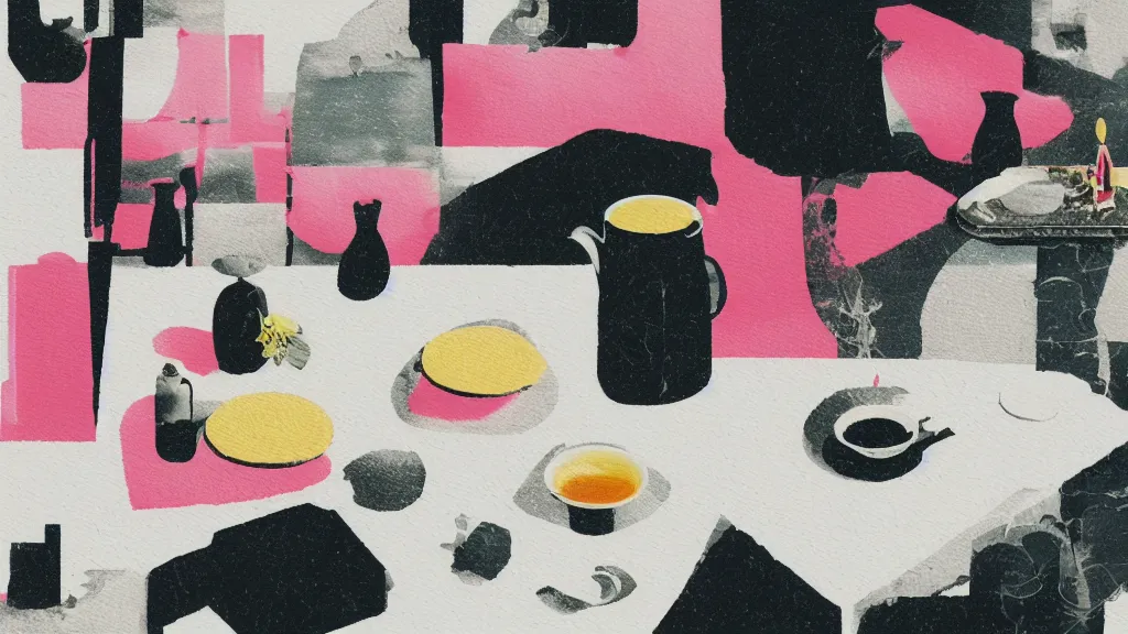 Image similar to a small tea setting, japan, a collage painting, in the style of wes anderson, lola dupre, david hockney, isolated on negative white space background dark monochrome neon spraypaint accents volumetric octane render