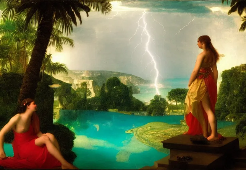 Image similar to Girl at the palace, refracted sparkles, thunderstorm, greek pool, beach and Tropical vegetation on the background major arcana sky, by paul delaroche, hyperrealistic 4k uhd, award-winning, very very very detailed