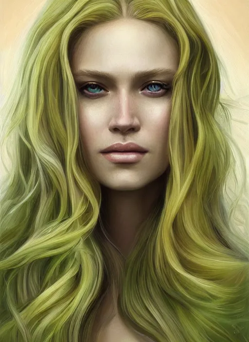 Image similar to a painting of a woman with long blonde hair and green eyes, a photorealistic painting by magali villeneuve, featured on cgsociety, fantasy art, detailed painting, photorealistic