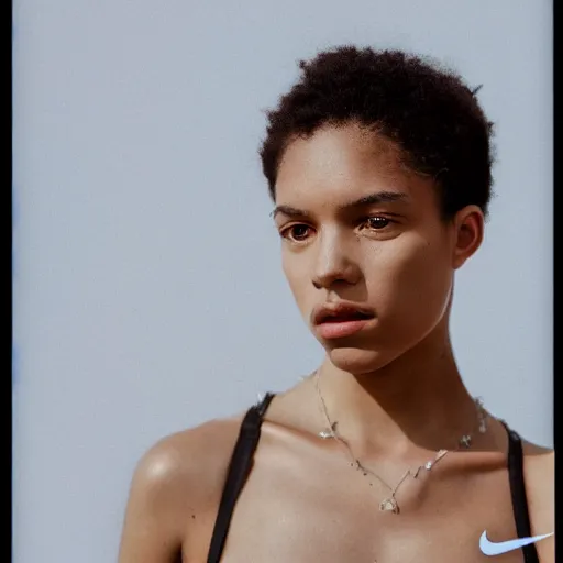 Image similar to realistic! photoshoot for a new nike lookbook, color film photography, portrait of a beautiful european!! woman, photo in style of tyler mitchell, 35mm