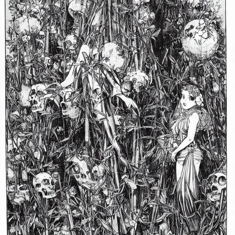 Image similar to a walther caspari illustration in lustige blatter in 1 8 9 9 of a young goddess peering from behind an enormous conical pile of skulls with huge flowers on tall stalks behind her, manga style of kentaro miura