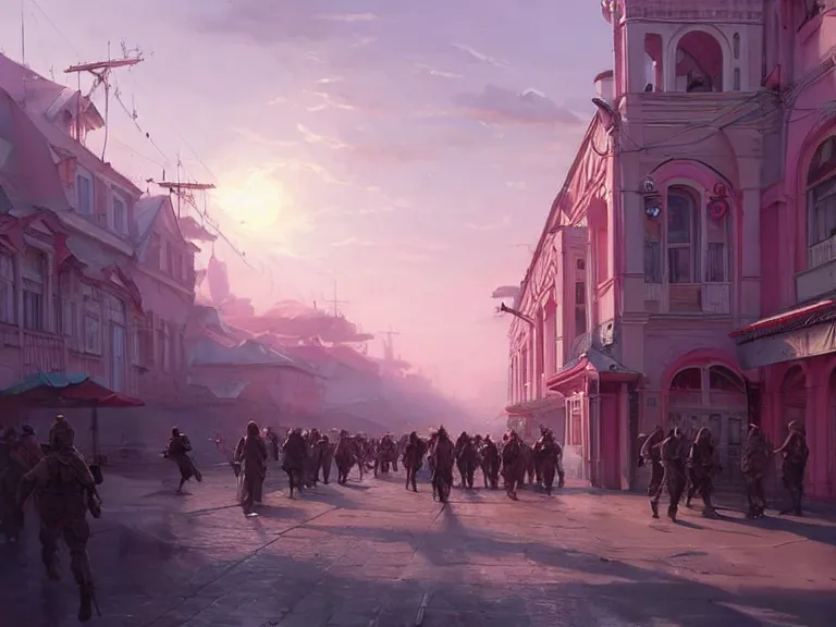 Image similar to a city of syzran!!!, militaristic!!!, romantic!!!, hyperrealistic, highly detailed, cinematic, pink sunlight, beautiful, cgssociety, artstation, 8 k, oil painting by greg rutkowski, by artgerm, by wlop