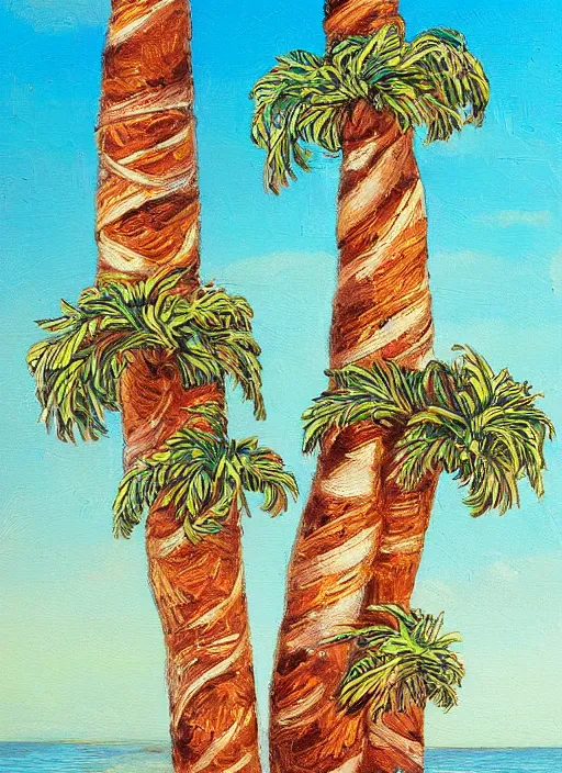 Prompt: baguettes grow on a palm tree, intricately detailed acrylic painting