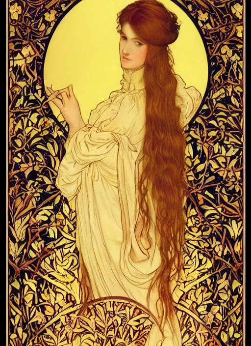 Prompt: masterpiece beautiful seductive flowing curves pose preraphaelite portrait photography, straight bangs, yellow ochre ornate medieval dress, mushroom forest arch, william morris and kilian eng and mucha, framed, 4 k