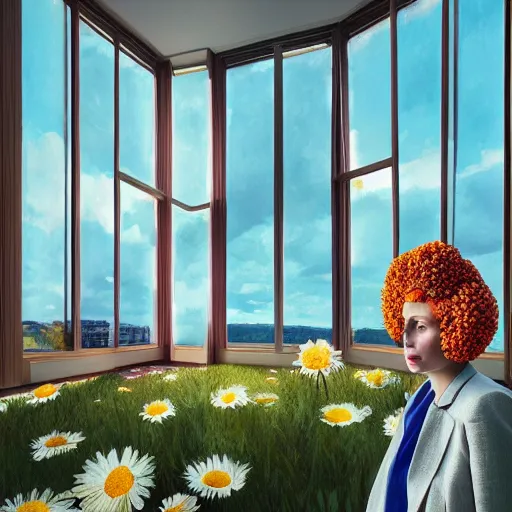 Prompt: huge daisy flower head, woman in suit, standing by modern window in luxury apartment, surreal photography, sunlight, impressionist painting, digital painting, artstation, simon stalenhag