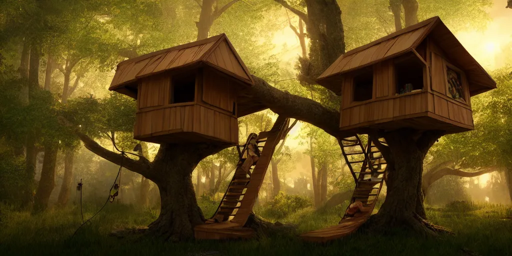 Image similar to in a cardboard treehouse, highly detailed, 8 k, hdr, award - winning, octane render, artstation, volumetric lighting