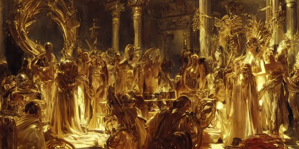 Prompt: beautiful oil painting, high details, the alien god emperor of ancient civilization surrounded by servants in gilded halls a golden wreath upon his head, by anders zorn, wonderful masterpiece by greg rutkowski, beautiful cinematic light, american romanticism, by giger, rolf armstrong, ernie barnes