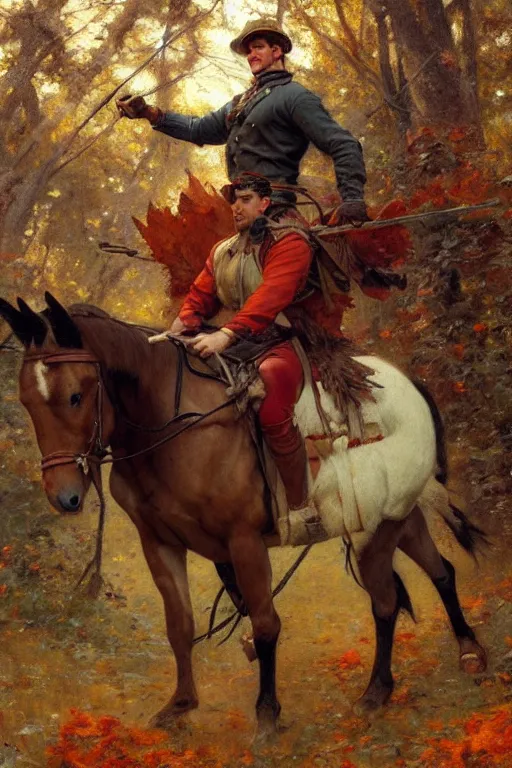 Image similar to attractive man riding a horse in the woods with falling red leaves, painting by gaston bussiere, craig mullins, j. c. leyendecker, ghibli style