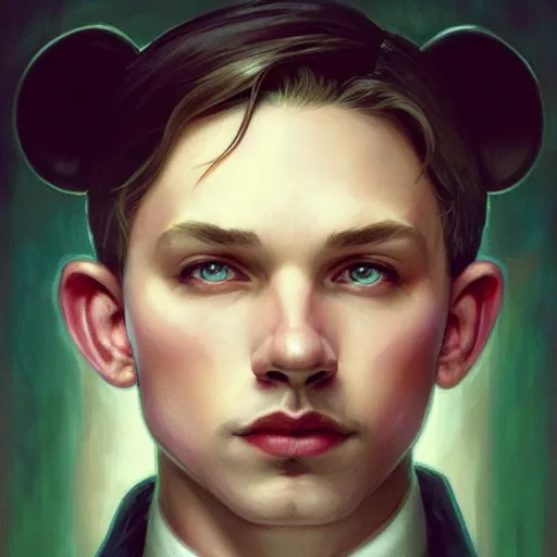 Prompt: portrait of mickey mouse as hitler youth, ethereal, handsome, d & d, fantasy, intricate, elegant, highly detailed, digital painting, artstation, concept art, matte, sharp focus, illustration, art by artgerm and greg rutkowski and alphonse mucha