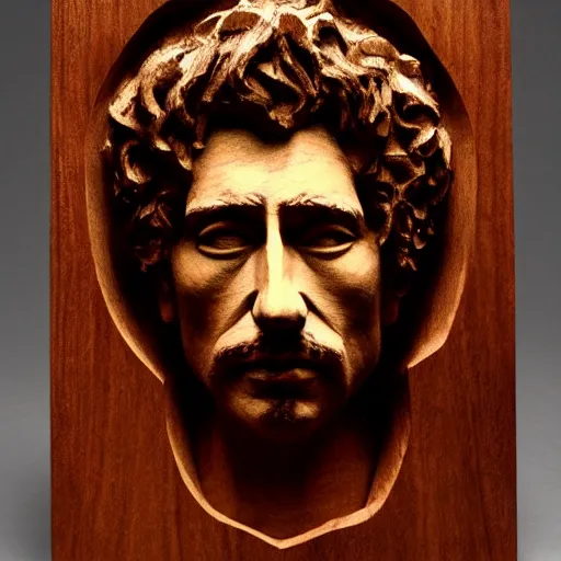 Prompt: accurate sculpture portrait of a bob dylan, symmetrical face, carved out of red oak wood on a pedestal art by vincent van gogh, dramatic lighting, artsy, 8 k