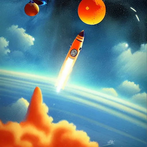 Prompt: Blue V2 rocket in space, tin tin, an orange as a planet, intricate, SCI-Fi, movie poster, high detail, digital art by raphael lacoste