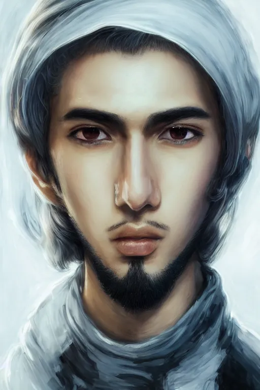 Image similar to beautiful medium shot portrait of a young arabic man casually dressed inspired by ayami kojima, three - quarters portrait, white background white bank studio light, artstation, movie poster, art by yoshitaka amano, hiroaki samura, jiro matsumoto and yusuke murata, sharp focus, high quality, 8 k