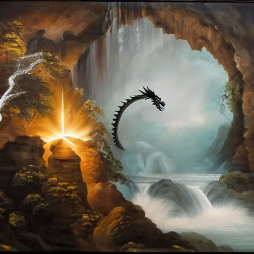 Prompt: oil painting of a dragon flying in the air near a cave with a waterfall in the center, light emanating from the waterfall leading to a big pool of water, dragon has black and white siberian tigerlike stripes, elegant, sharp focus, wide shot, clear, detailed, early renaissance