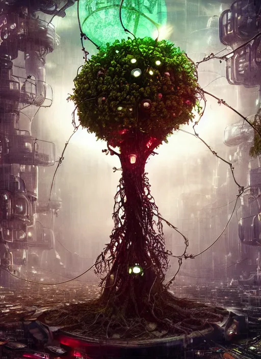 Prompt: tree with intricate mechanical apples, on the background of a weird magical mechanical forest. Very detailed 8k. Fantasy cyberpunk horror. Sharp. Cinematic post-processing