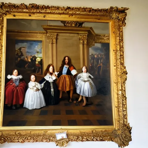 Image similar to super quality family portrait in the main room of the castle painted in 1 6 5 6, dark room, one point of light coming through the back door inspired by las meninas, clear spaces between each subject and good detail and realistic eyes, faces for each person in the canva, inspired by diego velasquez baroque style