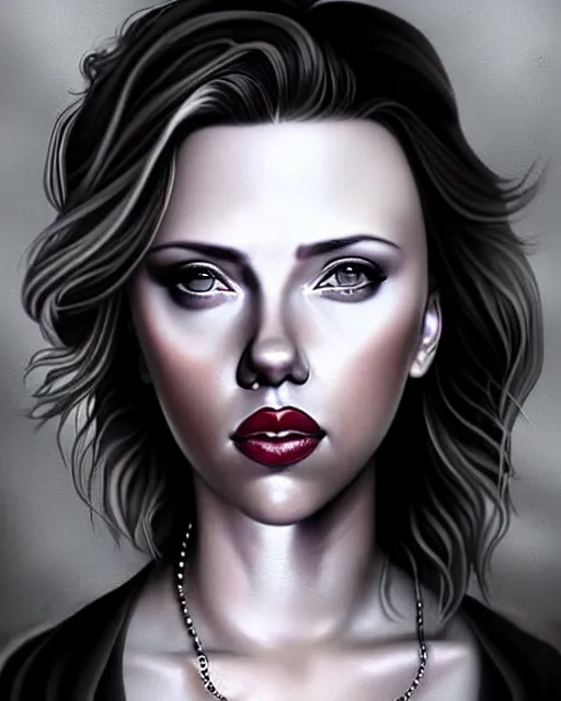 Image similar to beautiful woman Scarlett Johansson full sleeve tattoos and neck tattoo, symmetrical face, portrait, Charlie Bowater character art