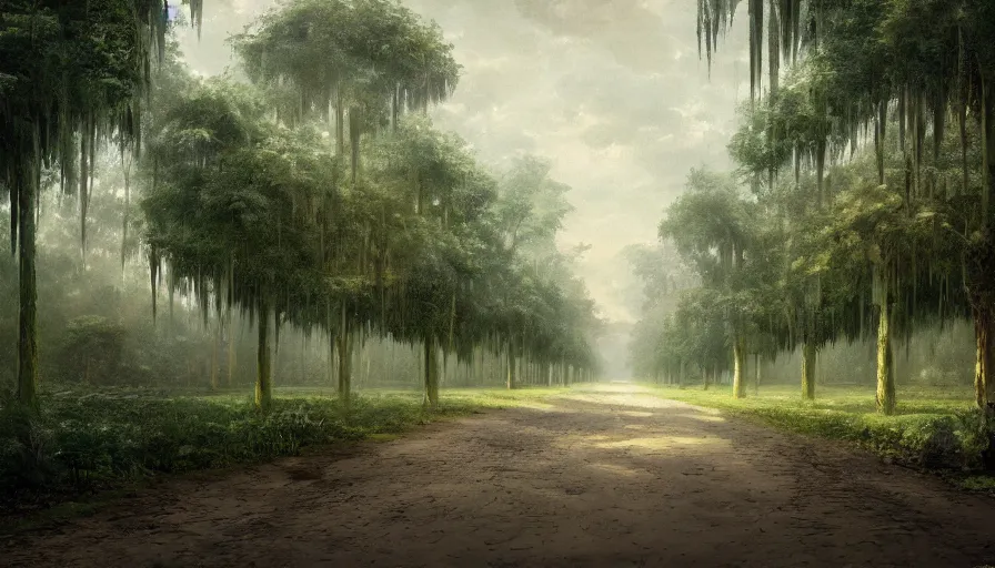 Image similar to a long tree-lined driveway leading up to a plantation, romanticism, hyperdetailed, artstation, cgsociety, 8k