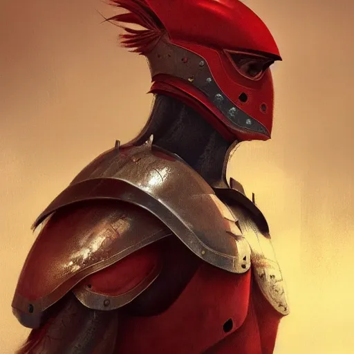 Prompt: beautiful red rooster wearing medieval suit of armor, illustration, concept art, art by wlop, dark, moody, dramatic