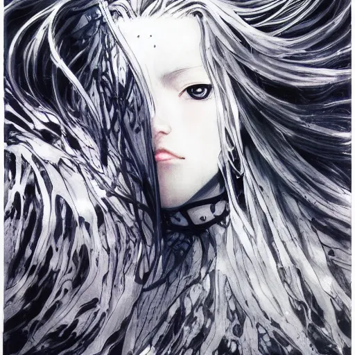 Image similar to Yoshitaka Amano realistic illustration of an anime girl with wavy white hair and cracks on her face wearing Elden ring armour with the cape fluttering in the wind, abstract black and white patterns on the background, noisy film grain effect, highly detailed, Renaissance oil painting, weird portrait angle